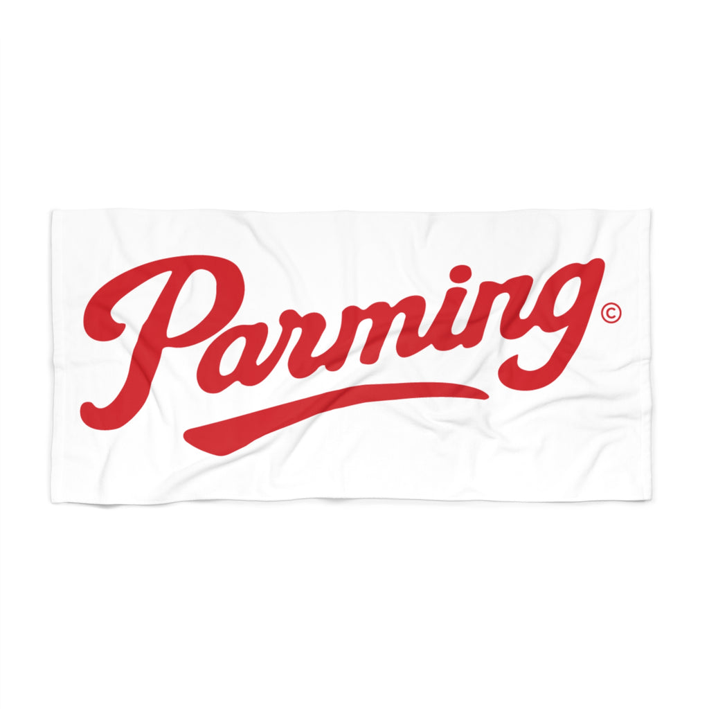 Parming script logo Beach Towel | retro script logo, white and red