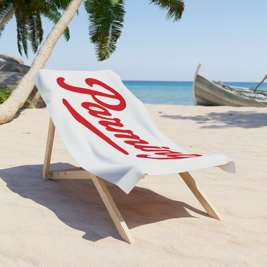 Parming script logo Beach Towel | retro script logo, white and red