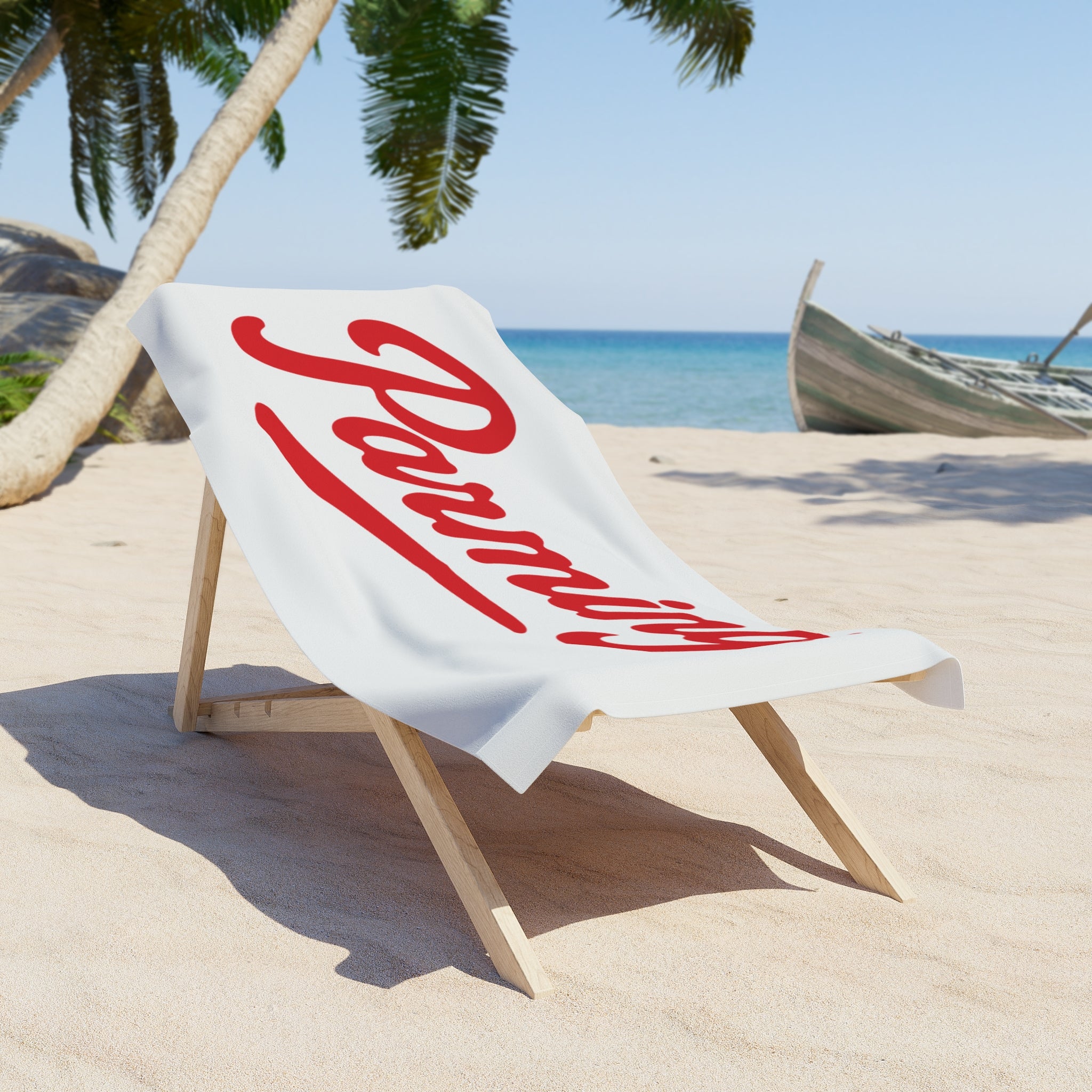 Parming script logo Beach Towel | retro script logo, white and red