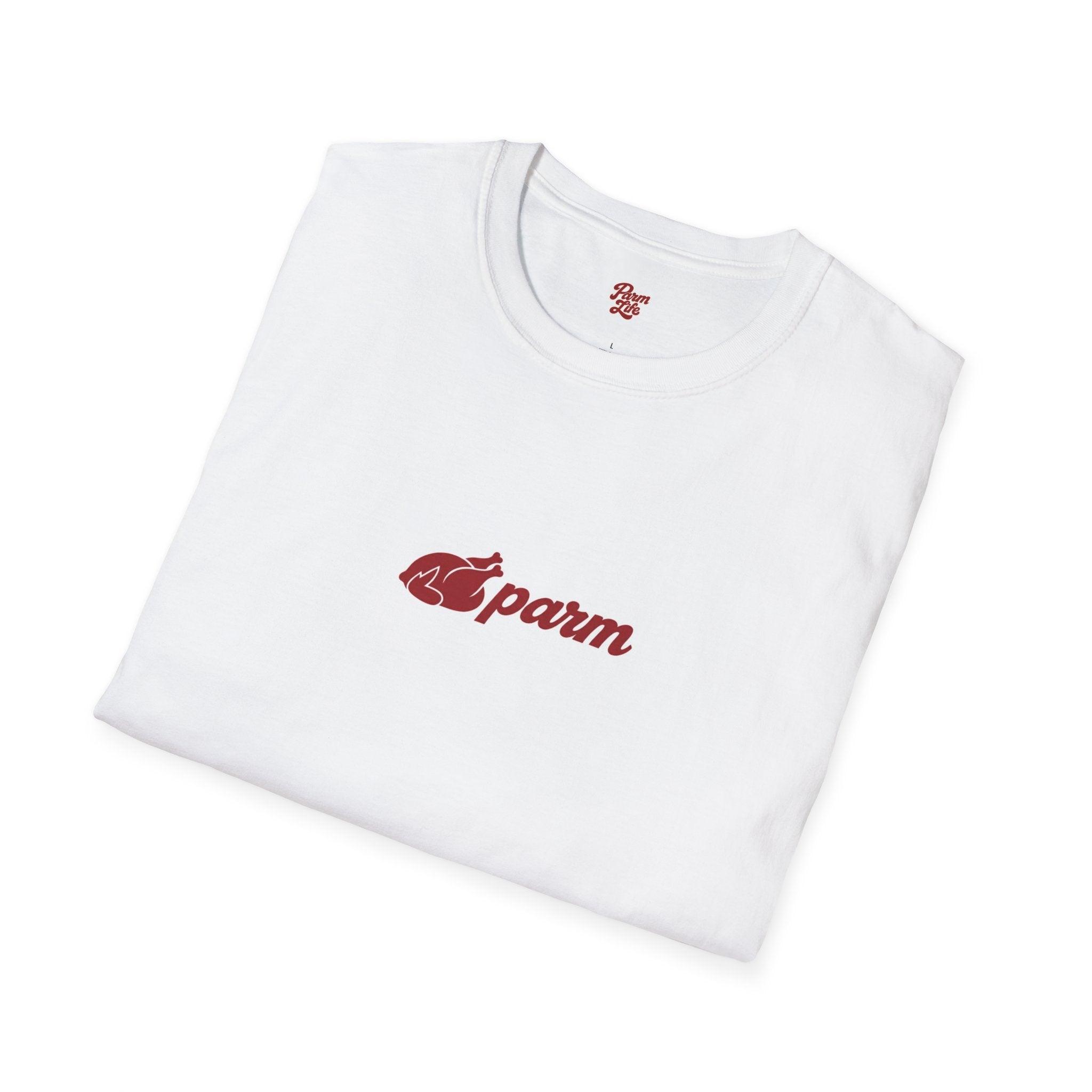T-Shirt — 'Parm' Red Script with Parmesan Cheese Slice Graphic
