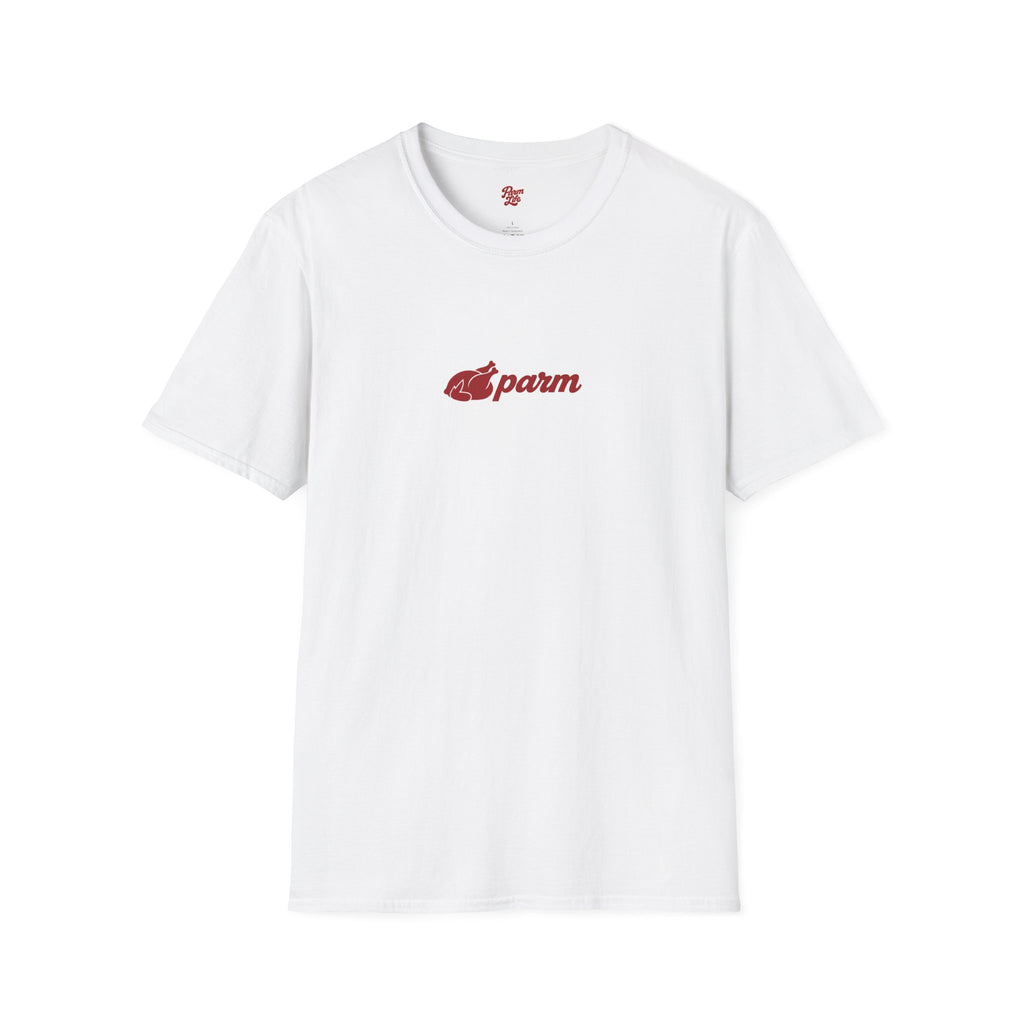 T-Shirt — 'Parm' Red Script with Parmesan Cheese Slice Graphic