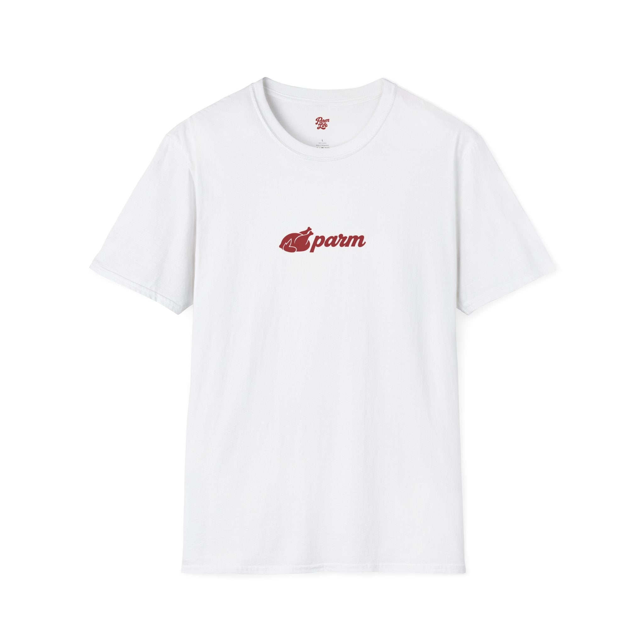 T-Shirt — 'Parm' Red Script with Parmesan Cheese Slice Graphic
