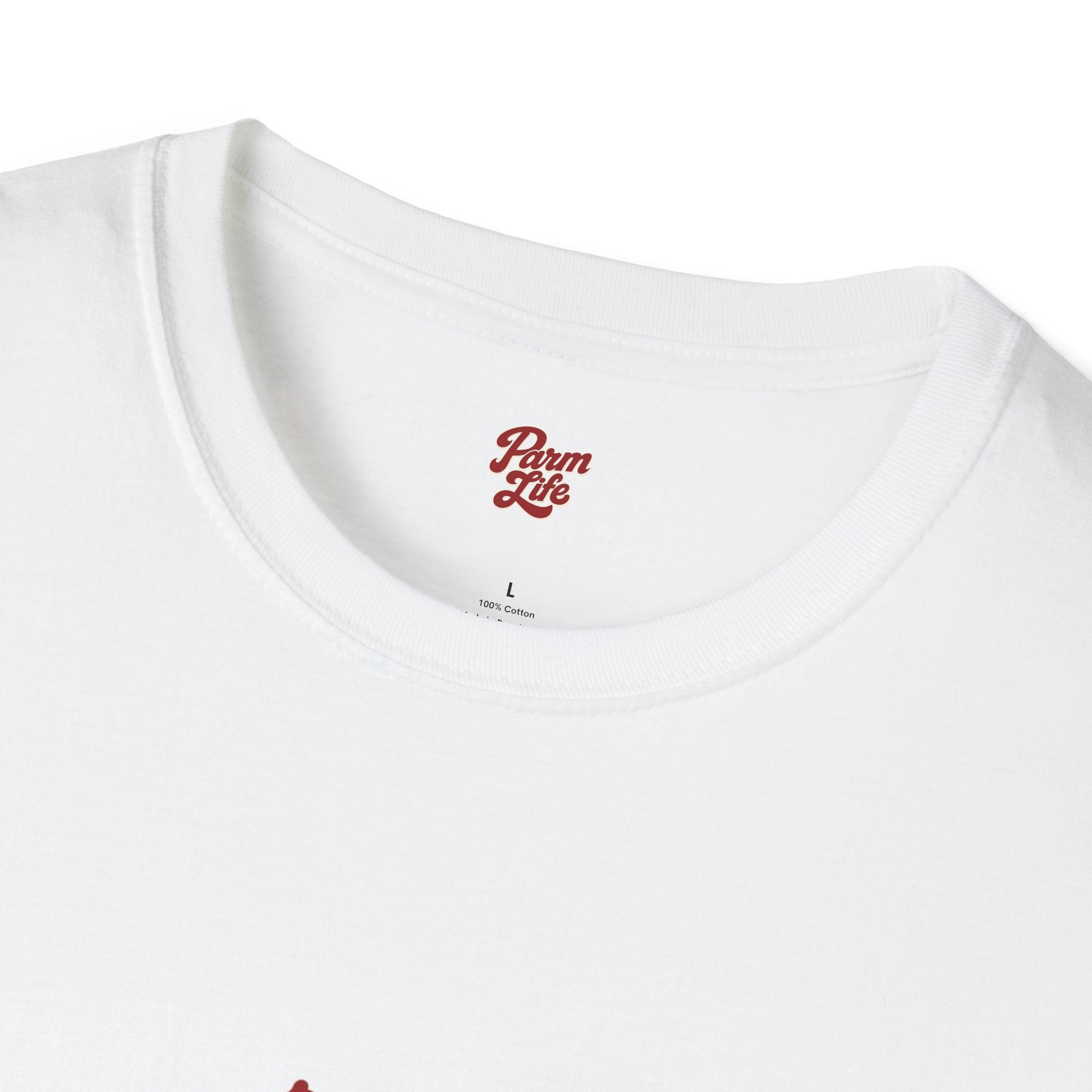 T-Shirt — 'Parm' Red Script with Parmesan Cheese Slice Graphic