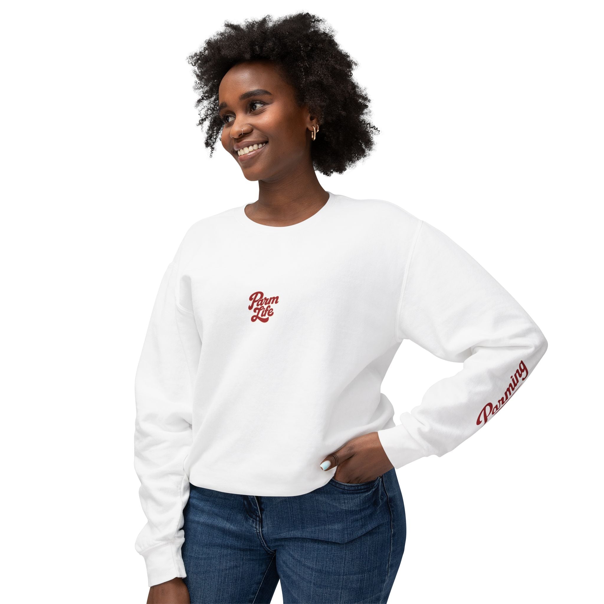 Parm Life Small Unisex Crewneck Sweatshirt — Small Red "Parm Life" Script Logo on Chest & "Parming" on Sleeve