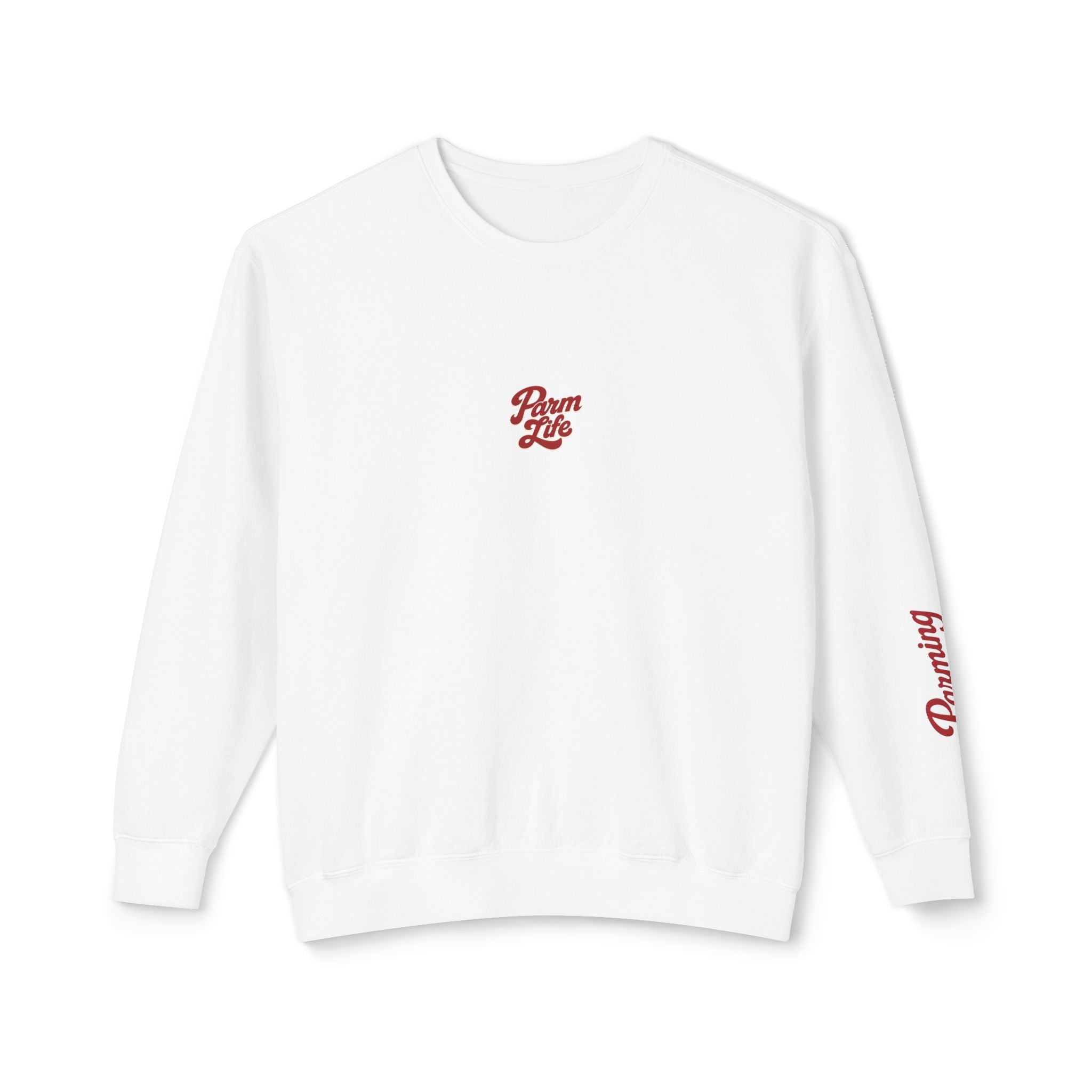 Parm Life Small Unisex Crewneck Sweatshirt — Small Red "Parm Life" Script Logo on Chest & "Parming" on Sleeve